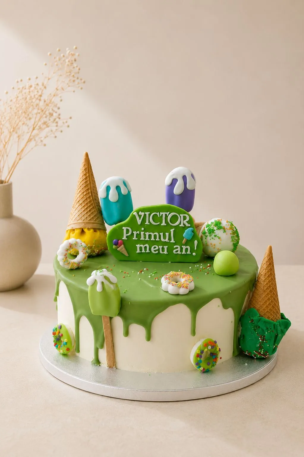 Tort personalizat pentru primul an, cu înghețată, cornete și glazură verde