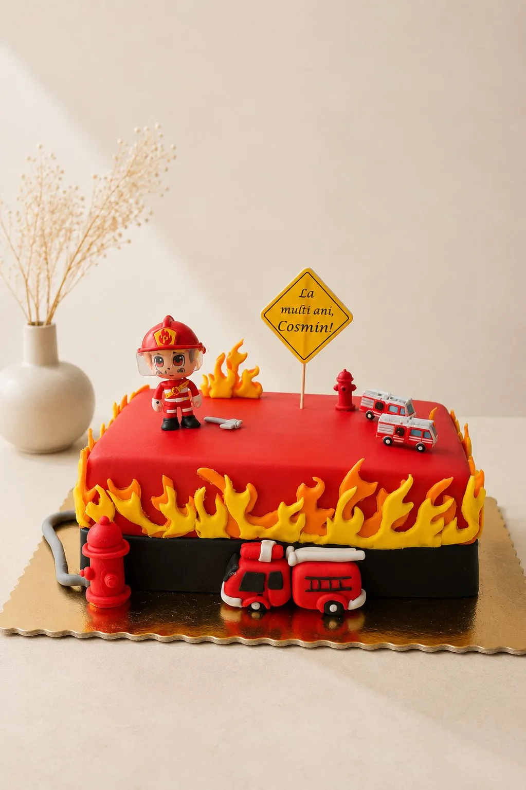 Tort personalizat pentru copii cu tema pompieri, mașină de pompieri și flăcări