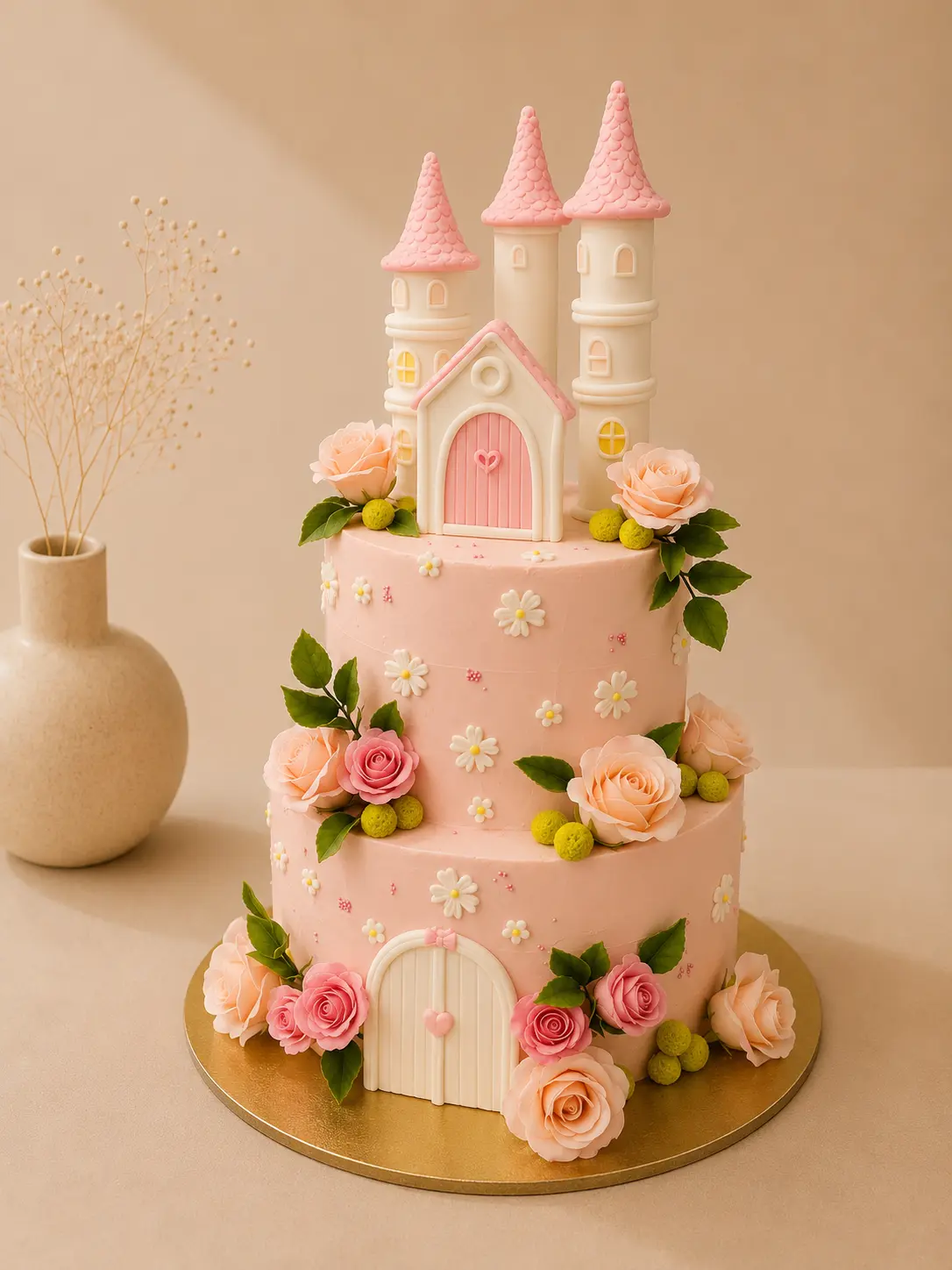 Tort personalizat în formă de castel roz cu turnuri și trandafiri, realizat la comandă de Clipe Dulci