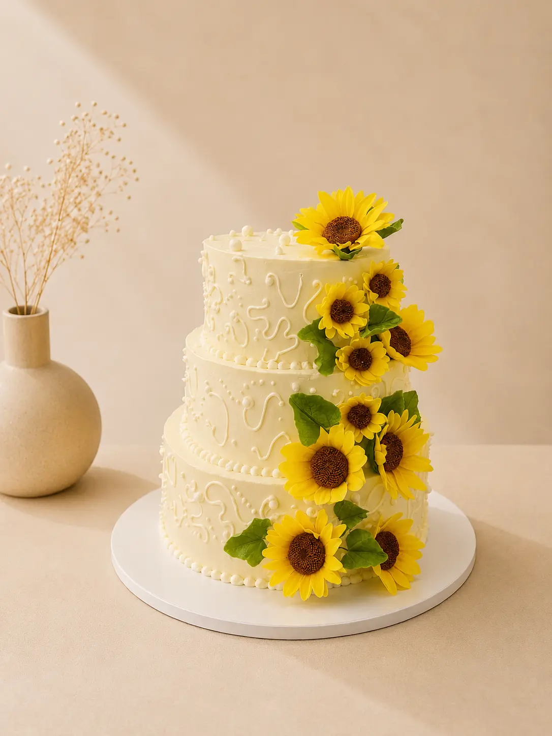 Tort de nuntă personalizat cu trei etaje decorat cu floarea-soarelui din fondant