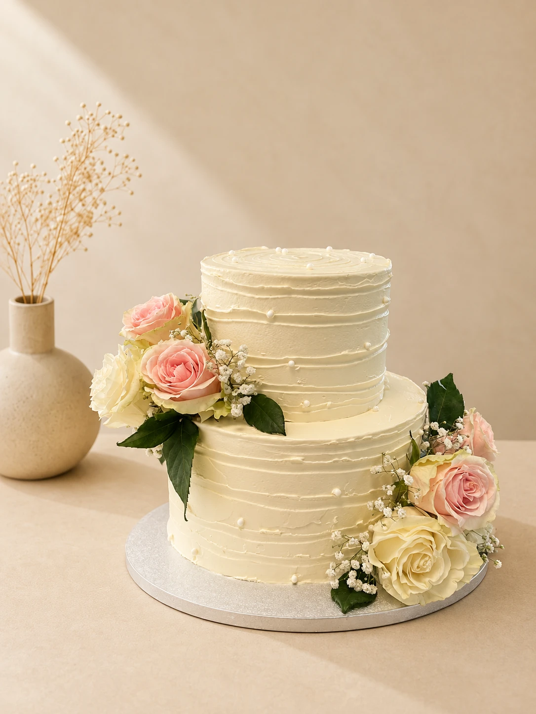 Tort de nuntă personalizat cu două etaje, cremă albă și trandafiri naturali roz și albi