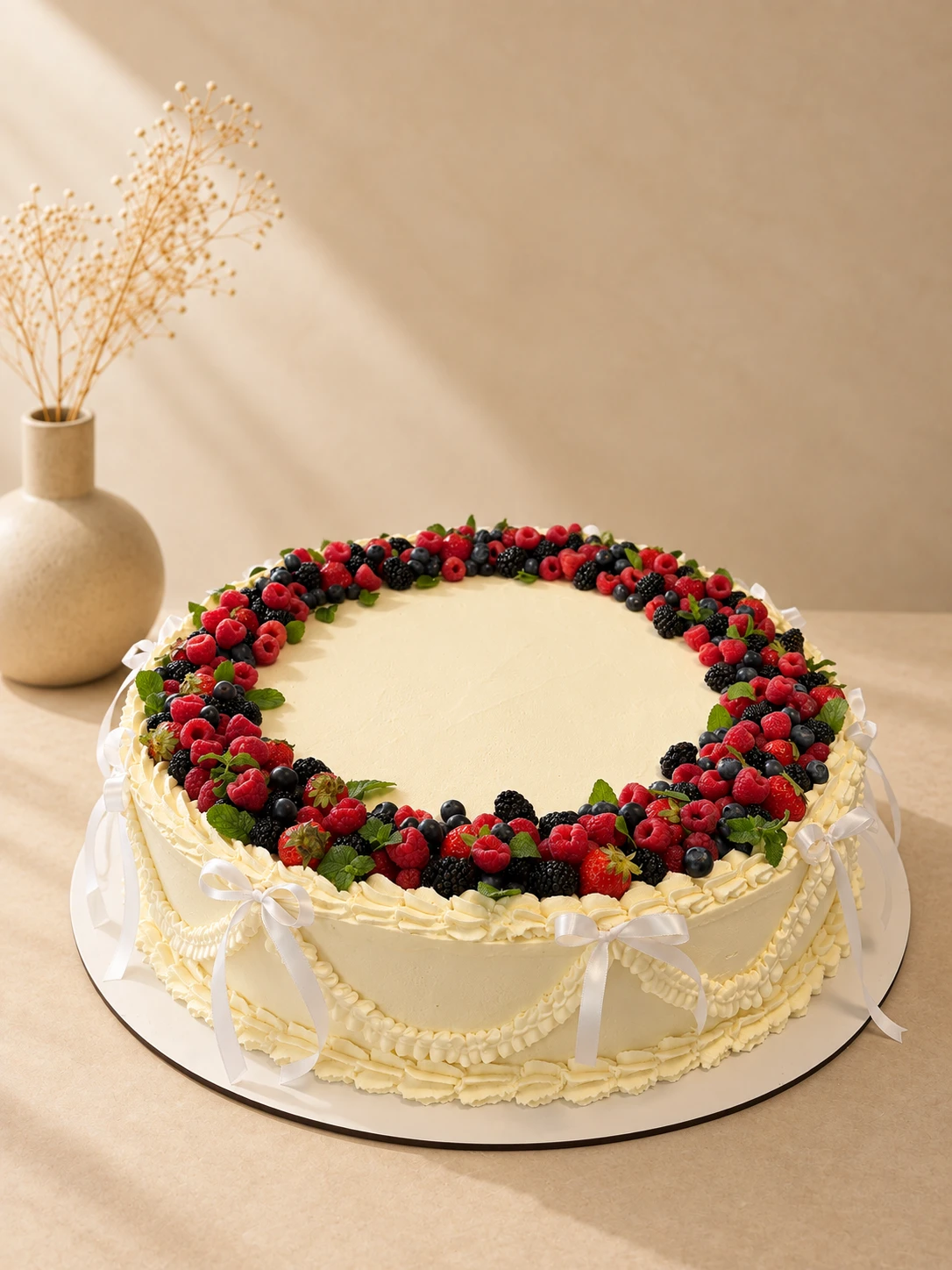 Tort de nuntă personalizat rotund cu fructe de pădure proaspete, cremă și fundițe albe