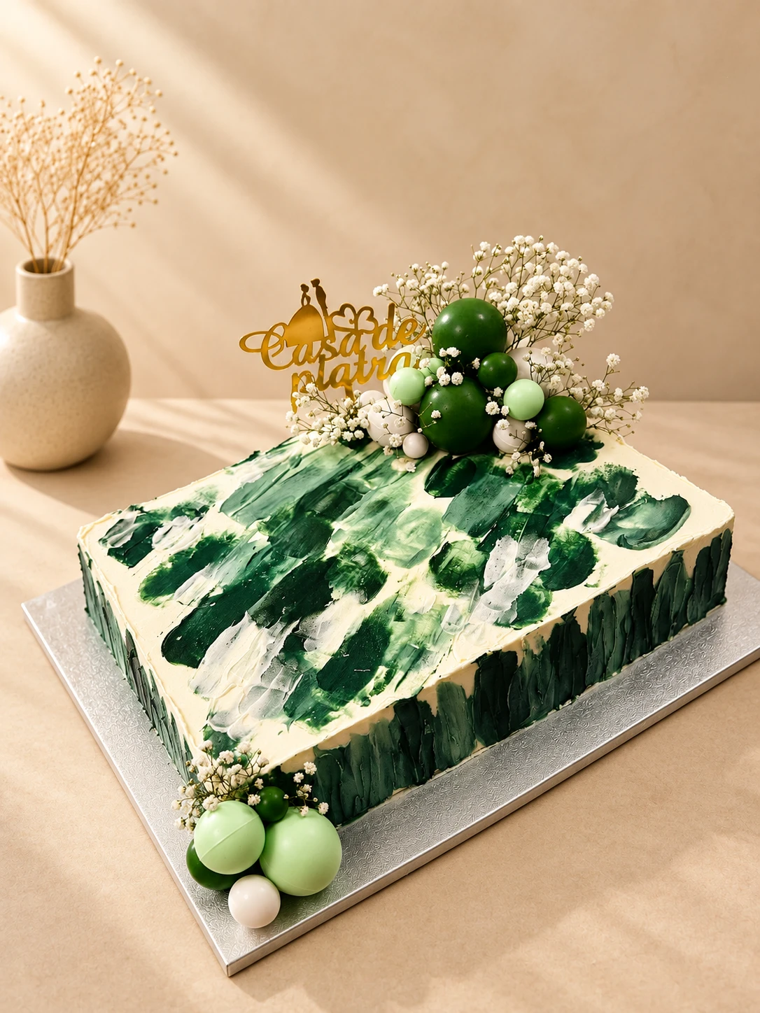 Tort pentru cununie personalizat, dreptunghiular, cu decor verde pictat, sfere de ciocolată și topper Casă de piatră